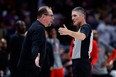 Toronto Raptors head coach Nick Nurse argues a call with referee Robert Hussey (85) in the fourth quarter against the Denver Nuggets.