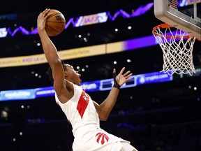 Scottie Barnes #4 of the Toronto Raptors takes a shot against the Los Angeles Lakers in the first half at Crypto.com Arena on March 10, 2023 in Los Angeles, California.