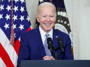 President Joe Biden speaks at a ceremony honoring the recipients of the 2021 National Humanities Medals and the 2021 National Medals of Arts in the East Room of the White House on March 21, 2023 in Washington, DC.