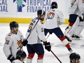Florida Panthers defenceman Aaron Ekblad (5) warm up while wearing a Pride Night jersey before playing the Toronto Maple Leafs on Thursday.