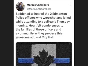 Screenshot of a social media post by Winnipeg Police Board chair and Coun. Markus Chambers, which he later took down and replaced with a different image and some words of qualification. Winnipeg Police Cause Harm and other social advocacy groups sent out an open letter on Monday, March 27, 2023, calling out Chambers for the original post and its use of the 'thin blue line' which they see as a specific rebuttal to the Black Lives Matter movement. The open letter was sent to all members of Winnipeg City Council as well as local media, asking for City Council to denounce it and for Chambers to be removed from Winnipeg Police Board.