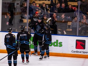 Members of the Winnipeg Ice celebrate a goal during their regular-season ending win over the Brandon Wheat Kings on Saturday night. The Ice will face the Medicine Hat Tigers in the first round of the WHL playoffs.