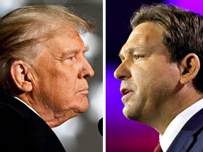 Former U.S. President Donald Trump and Florida Governor Ron DeSantis speak at midterm election rallies, in Dayton, Ohio, Nov. 7, 2022 and Tampa, Fla., Nov. 8, 2022 in a combination of file photos.