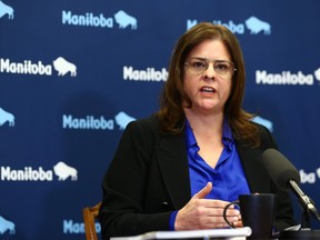 Premier Heather Stefanson presents the 2023 provincial budget at the Manitoba Legislative Building in Winnipeg on Tues., March 7, 2023.