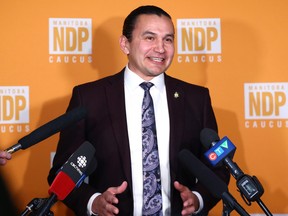 New Democratic Party leader Wab Kinew responds to the 2023 provincial budget at the Manitoba Legislative Building in Winnipeg on Tuesday, March 7, 2023.