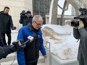 Arthur Masse leaves court at the Law Courts building in Winnipeg, Tuesday, March 7, 2023. Closing arguments in the trial of a retired priest accused of assaulting a First Nations woman while she was a student at a former residential school are expected to begin this morning in Winnipeg.