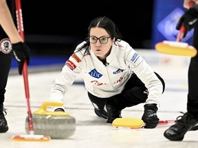 Kerri Einarson, Canada, in action during the match between Norway and Canada during the semi finals of the LGT World Women's Curling Championship at Goransson Arena in Sandviken, Sweden, Saturday, March 25, 2023.&ampnbsp;Einarson fell 8-5 in the women's world curling championship semifinals to Norway's Marianne Roervik on Saturday.