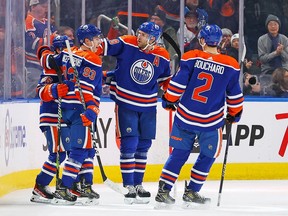 Edmonton Oilers celebrate a goal scored by forward Kailer Yamamoto (56) during the second period against the Winnipeg Jets at Rogers Place in Edmonton on Friday, March 3, 2023.