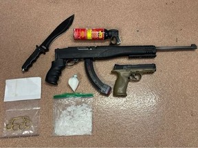 A number of items including around 100 grams of methamphetamine, a loaded firearm with the serial number filed off, brass knuckles, a knife and bear spray were seized after? Stonewall RCMP stopped a vehicle on March 15, 2023, on Highway 7 in the RM of Rosser near Winnipeg. The 28-year-old driver of the vehicle from the RM of Rockwood has been charged with a number of charges including flight from police, dangerous driving and possession for the purpose of trafficking.