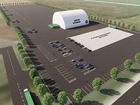 An artist's rendering shows plans for a 20,000 square foot pop-up soundstage that will be constructed in Niverville, located about 40 kilometres south of Winnipeg, and shows the location where a state-of-the-art, full-service film and television studio village will be built.