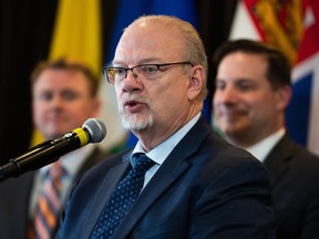 Manitoba Justice Minister Kelvin Goertzen speaks during a Federal-Provincial-Territorial Ministers meeting on bail reform in Ottawa on Friday, March 10, 2023. The Manitoba government is promising to strengthen a law that protects people who have had intimate images shared online without their consent.