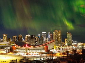 Aurora borealis over downtown Calgary on Feb. 26, 2023.