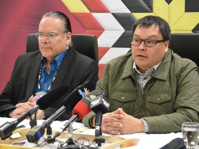 Shamattawa First Nation Chief Jordna Hill (right) was joined by Manitoba Keewatinowi Okimakanak Grand Chief Garrison Settee (left) and other First Nations leaders at a media conference in Winnipeg on Monday, March 13, 2023,, and said he was declaring a state of emergency in the remote northern community.