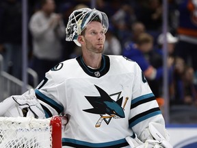Sharks goaltender James Reimer reacts after giving up a goal against the Islanders in the second period of an NHL game in Elmont, N.Y., Oct. 18, 2022.