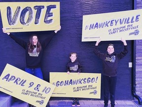 (Left to right) Lorrie Stade, the community representative for St. Adolphe's efforts to win the title of Kraft Hockeyville 2021, her daughter Emmie and son Haven, encourage people to vote for St. Adolphe Community Club and Arena for the coveted title of Kraft Hockeyville 2021. St. Adolphe is one of four finalists for Kraft Hockeyville 2021. To determine the winner, Canadian residents can vote online at krafthockeyville.ca. Voting opens at 9:00 a.m. ET on Friday, April 9 and closes at 5:00 p.m. ET on Saturday, April 10. Votes can only be cast on the website during the voting phase and voting per person is unlimited. The final announcement will take place Saturday evening on Hockey Night in Canada on Sportsnet and CBC during the first intermission of the 7 p.m. ET NHL games.

For Winnipeg Sun