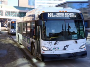 A Winnipeg Transit bus on Portage Avenue on Monday, March 6, 2023.