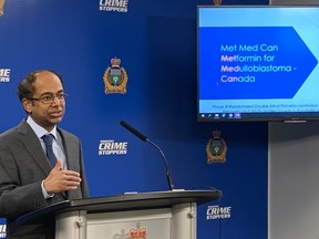 Dr. Magimairajan Issai Vanan addresses the media at Winnipeg Police headquarters on Tuesday, March 21, 2023, at the official kickoff for the 19th annual Foodfare Winnipeg Police Service Half Marathon, 2-Person Relay and 5K Run to be held May 7, 2023 at Assiniboine Park. Funds raised through this year's event directly support a global research study concerning brain cancer in children.   Dr. Vanan is part of the specialized Cancer Care Manitoba team conducting this research and the lone doctor in Manitoba treating kids with brain tumours.