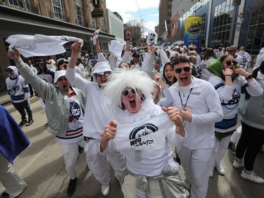Winnipeg Jets fans gather before Winnipeg Jets action against the Vegas Golden Knights in the first period of Game 3 of the First Round of the 2023 Stanley Cup Playoffs on April 22, 2023 at Canada Life Centre in Winnipeg.