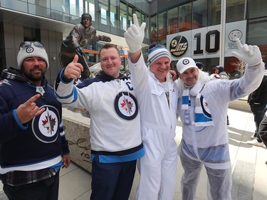 Winnipeg Jets fans gather before Winnipeg Jets action against the Vegas Golden Knights in the first period of Game 3 of the First Round of the 2023 Stanley Cup Playoffs on April 22, 2023 at Canada Life Centre in Winnipeg.