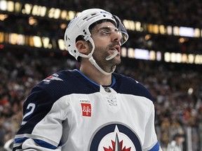 Jets defenceman Dylan DeMelo reacts to one of four goals by the Vegas Golden Knights on a night in which the Winnipeg Jets were eliminated from the post-season.