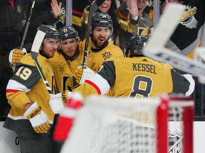 LAS VEGAS, NEVADA - APRIL 20: William Karlsson #71 of the Vegas Golden Knights celebrates with teammates after a goal during the second period against the Winnipeg Jets in Game Two of the First Round of the 2023 Stanley Cup Playoffs at T-Mobile Arena on April 20, 2023 in Las Vegas, Nevada. (Photo by Chris Unger/Getty Images)