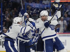 Maple Leafs captain John Tavares (91) celebrates his series-winning overtime goal against the Lightning during Game 6 on Saturday, April 29, 2023, in Tampa, Fla.