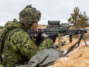 A member of the Canadian army is seen during a military exercise in Adazi, Latvia, March 7, 2022.