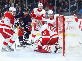 Winnipeg Jets forward Nino Niederreiter scores on Detroit Red Wings goalie Magnus Hellberg during the second period at Canada Life Centre on Friday, March 31, 2023.