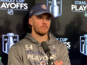 Jets defenceman Dylan Samberg spoke with members of the media on Sunday after making a mistake that led to an overtime goal for the Vegas Golden Knights on Saturday.