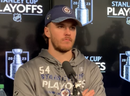 Jets defenceman Dylan Samberg spoke with members of the media on Sunday after making a mistake that led to an overtime goal for the Vegas Golden Knights on Saturday.