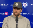 Winnipeg Jets all-time leading points scorer Blake Wheeler talks to the media at Canada Life Centre on Saturday at a season-ending press conference.