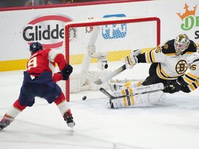 Florida Panthers left wing Matthew Tkachuk, left, scores a goal against Boston Bruins goaltender Linus Ullmark in the first period in Game 6 of the first round of the 2023 Stanley Cup Playoffs at FLA Live Arena in Sunrise, Fla., April 28, 2023.