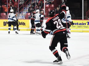 Moose Jaw scores a goal against the Ice on Tuesday night.