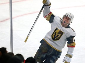 Jonathan Marchessault of the Golden Knights celebrates one of his two goals in a 6-5 win over the Winnipeg Jets on Dec. 13, 2022.