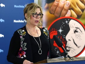 Families minister Rochelle Squires announces a community-based sexual assault crisis response, at Klinic Community Health on Sherbrook Street in Winnipeg on Sun., April 2, 2023.