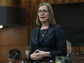 As provincial conservative premiers tout $10-a-day child care, federal Liberal families minister Karina Gould says they should be "prodding" Pierre Poilievre to see where he stands on the deals. Gould rises during question period, Friday, April 28, 2023 in Ottawa.