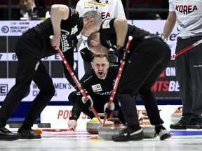 Canada skip Brad Gushue calls out while taking on South Korea at the Men's World Curling Championship in Ottawa, on Wednesday, April 5, 2023.