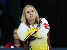 Manitoba skip Jennifer Jones looks on while playing Team Canada during the final at the Scotties Tournament of Hearts, in Kamloops, B.C., on Sunday, February 26, 2023.