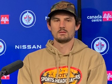 Jets goalie Connor Hellebuyck speaks to the media during the team's post-season availability on Saturday, April 29, 2023, at Canada Life Centre.