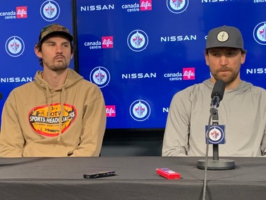 Jets goaltender Connor Hellebuyck and winger Blake Wheeler speak to the media at Canada Life Centre in their post-season availability on Saturday, April 29, 2023.