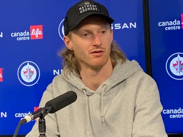 Jets winger Kyle Connor speaks to the media in the team's post-season availability at Canada Life Centre on Saturday, April 29, 2023.
