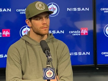 Jets centre Adam Lowry speaks to the media during the team's post-season availability on Saturday, April 29, 2023, at Canada Life Centre.