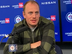 Jets defenceman Nate Schmidt speaks to the media during the team's post-season availability on Saturday, April 29, 2023, at Canada Life Centre.