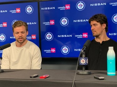 Jets defenceman Josh Morrissey and centre Mark Scheifele speak to the media during the team's post-season availability on Saturday, April 29, 2023, at Canada Life Centre.