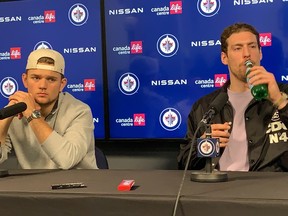 Jets forwards Cole Perfetti and Pierre-Luc Dubois speak to the media during the team's post-season availability on Saturday, April 29, 2023, at Canada Life Centre.