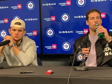 Jets forwards Cole Perfetti and Pierre-Luc Dubois speak to the media during the team's post-season availability on Saturday, April 29, 2023, at Canada Life Centre.