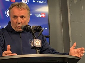 Jets head coach Rick Bowness speaks to the media in the team's post-season availability at Canada Life Centre on Saturday, April 29, 2023.