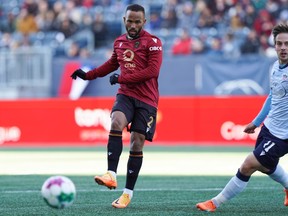 Valour FC defender Andy Baquero in action against Atlético Ottawa in a 1-1 draw on Saturday, April 22, 2023, at IG Field in Winnipeg.