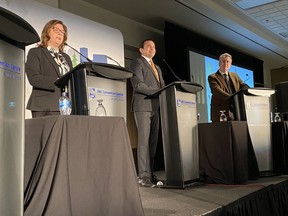 Manitoba's three main provincial party leaders (left to right) Progressive Conservative Leader Heather Stefanson, NDP Leader Wab Kinew and Liberal Leader Dougald Lamont take part in a debate in Winnipeg on Tuesday, April 4, 2023. The debate is the first before the election slated for Oct. 3.