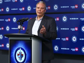 Winnipeg Jets general manager Kevin Cheveldayoff meets with the media on Sunday, April 30, 2023.